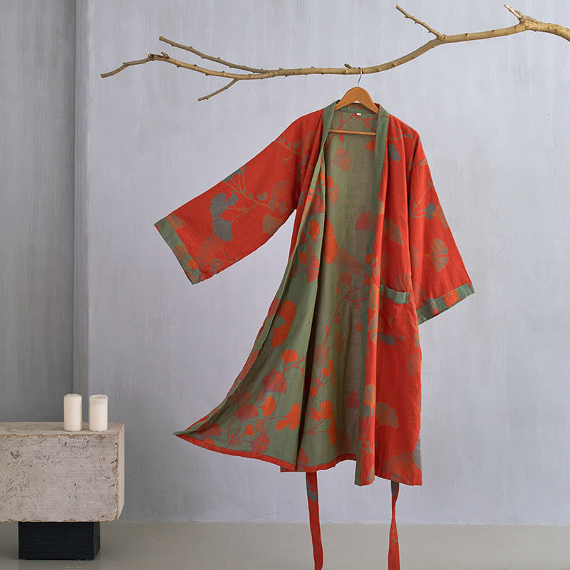 Kimono Peignoir en Coton avec Motif Feuille Réversible