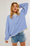Pull Femme Ample Rayé Bleu Marine Coton Tricoté