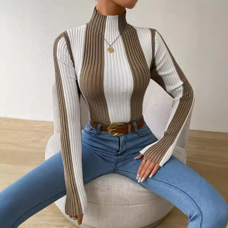 Pull Femme Chic Col Montant Rayé 1