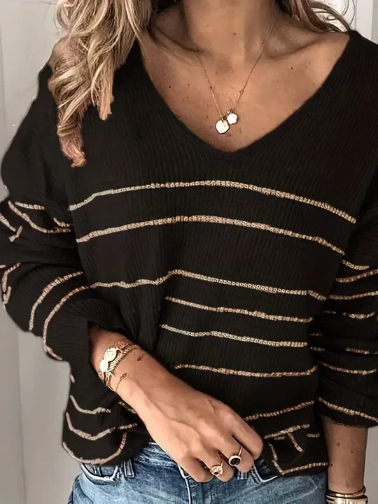 Pull Femme Col V Rayé Décontracté 2