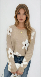 Pulover damă casual cu modele florale, tricotat  