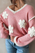 Damenpullover mit V-Ausschnitt und Blumenmuster, modisch feminin