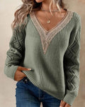 Eleganter Pullover mit V-Ausschnitt Spitze und langen Ärmeln für Damen