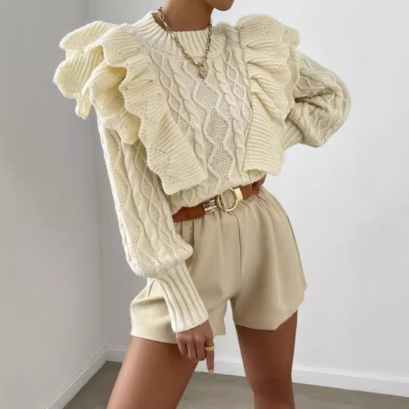 Pull Femme Élégant à Volants Manches Longues 0
