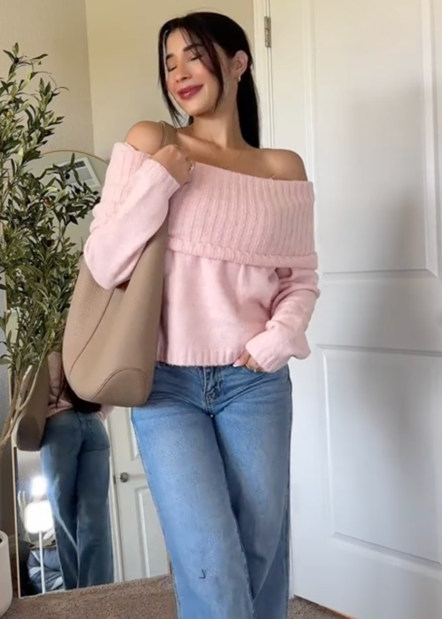 Pull Femme Épaules Dénudées Rose Tendre 1