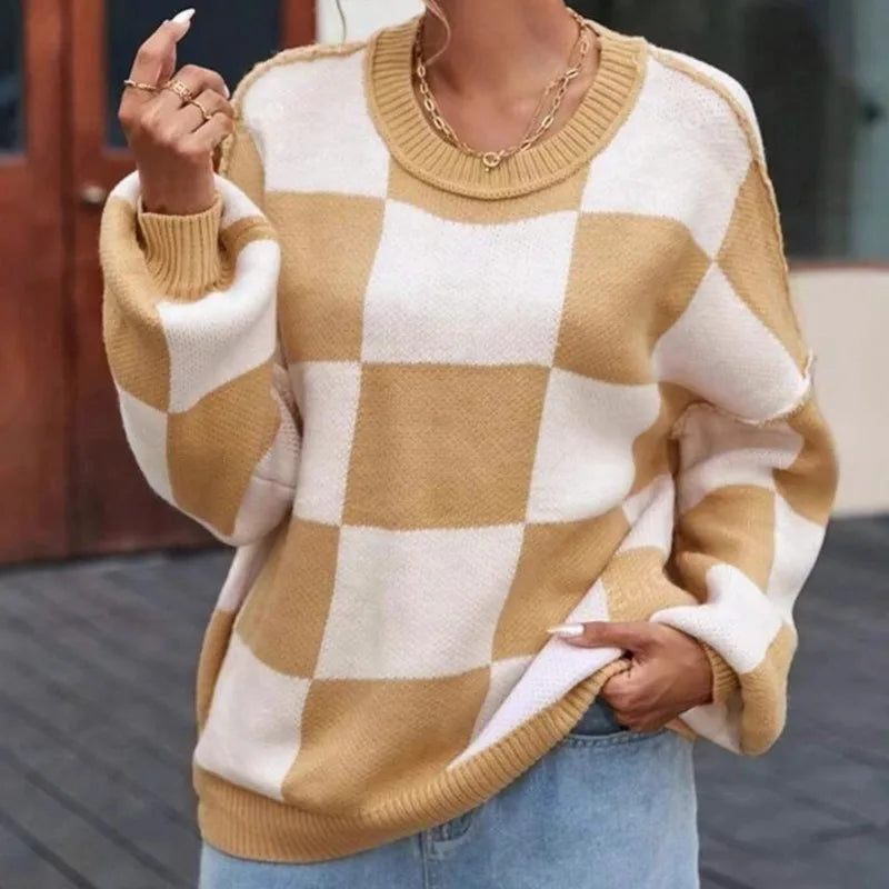 Pull Femme Plaid Bicolore Décontracté 2