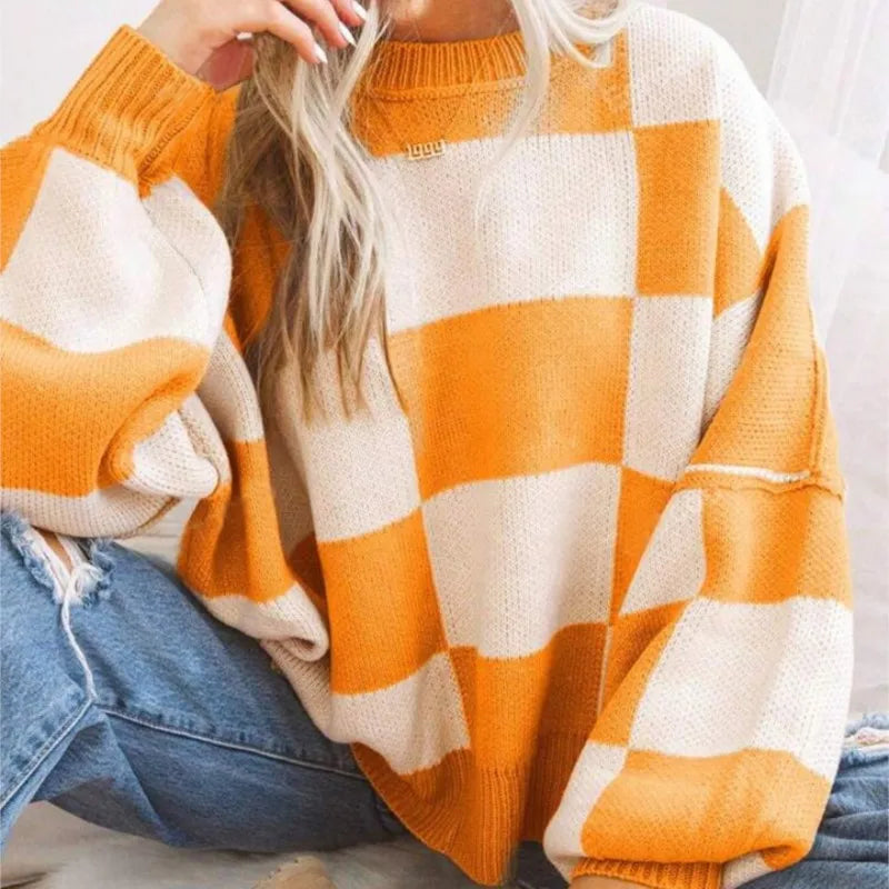 Pull Femme Plaid Bicolore Décontracté 5