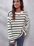Pull Femme Rayé Col Rond Noir Manches Longues