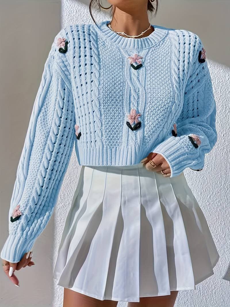 Pull Femme Torsadé avec Fleurs Brodées 0