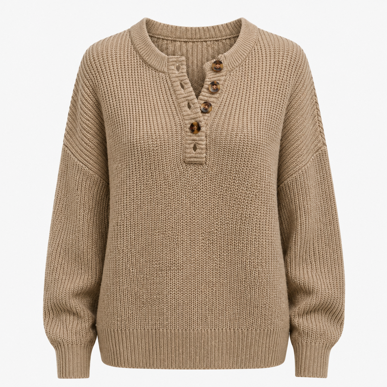 Langer Damenpullover Weicher Strick mit Knöpfen Elegante Lässigkeit