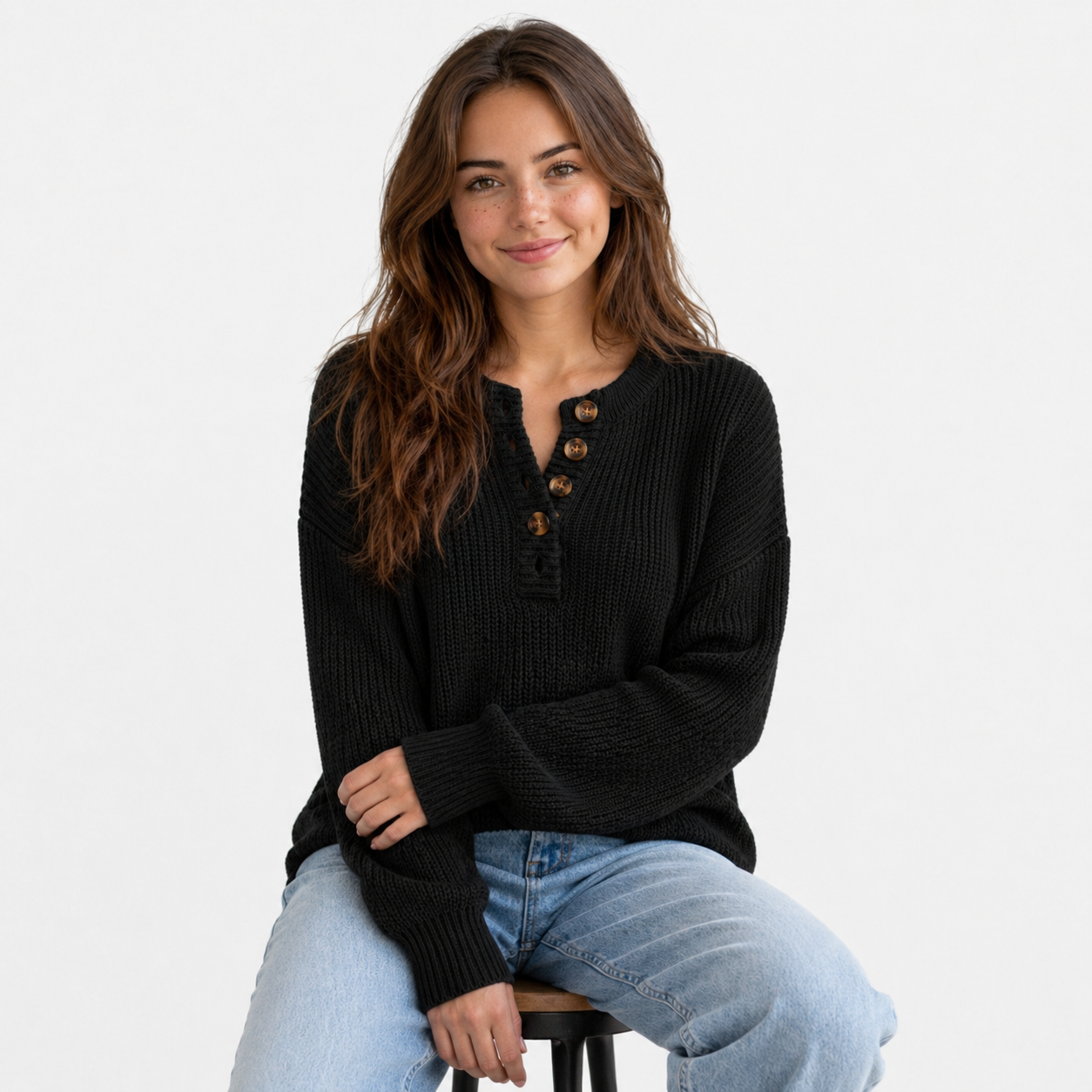 Langer Damenpullover Weicher Strick mit Knöpfen Elegante Lässigkeit