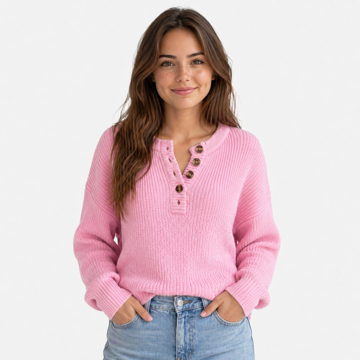 Langer Damenpullover Weicher Strick mit Knöpfen Elegante Lässigkeit