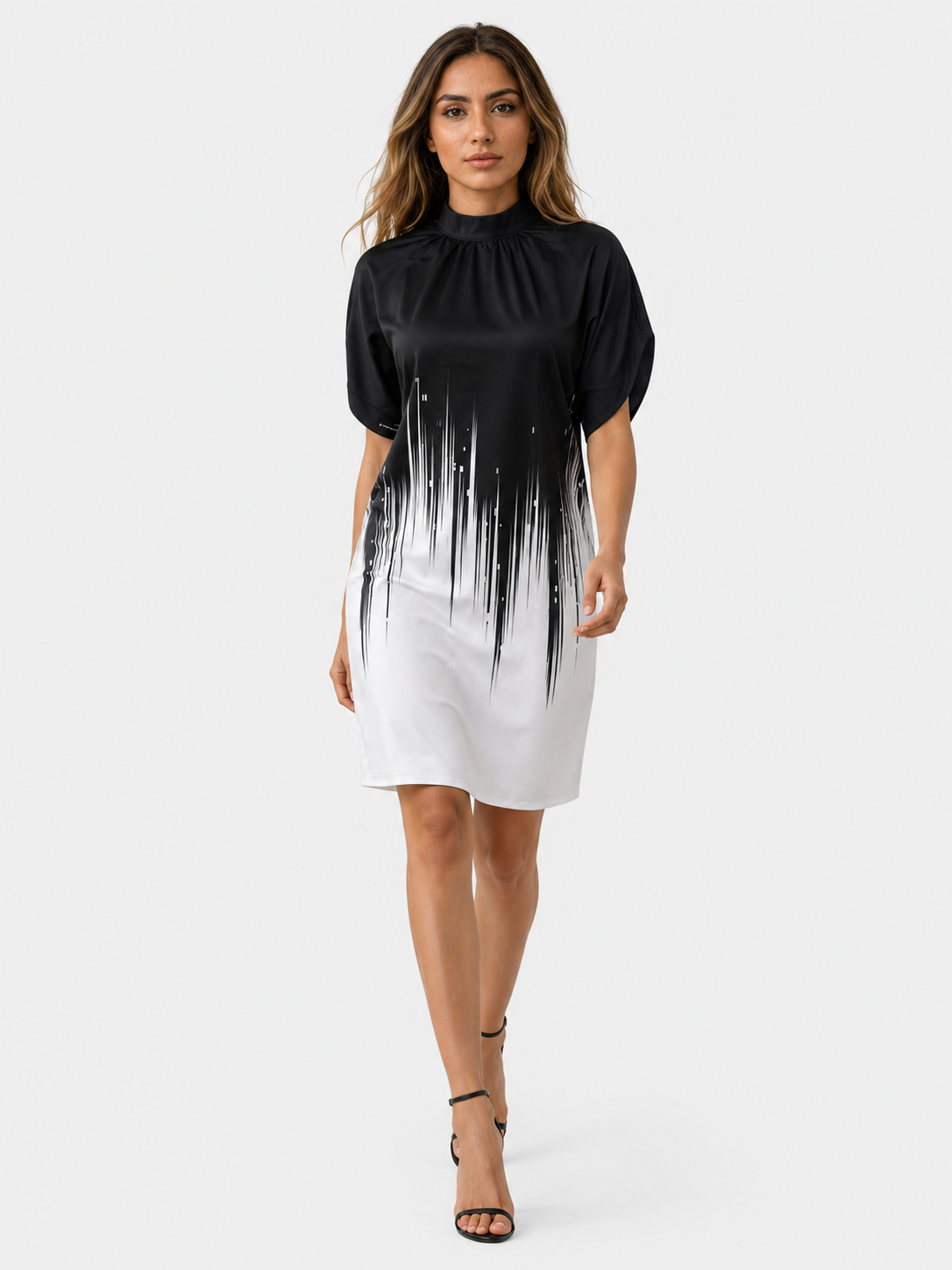 Kurzes Abendkleid mit Fledermausärmeln und gerafftem Kragen Damen