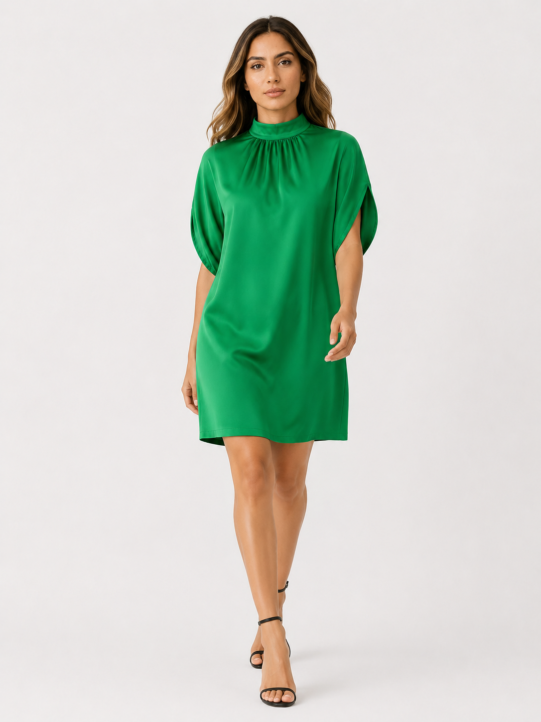 Kurzes Abendkleid mit Fledermausärmeln und gerafftem Kragen Damen