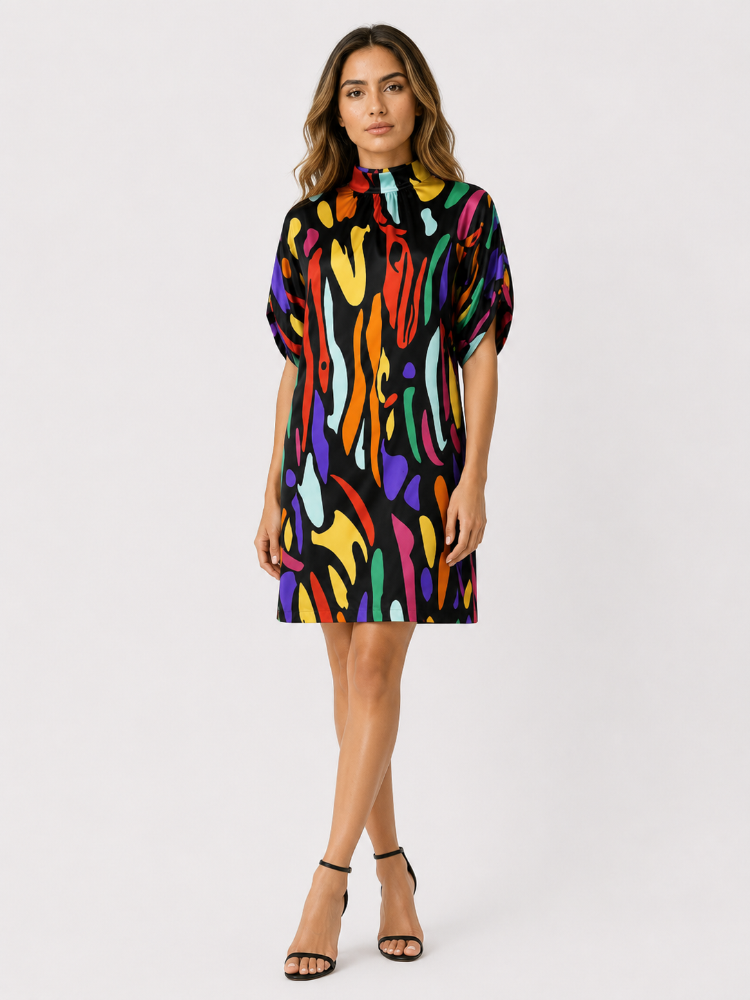Kurzes Abendkleid mit Fledermausärmeln und gerafftem Kragen Damen
