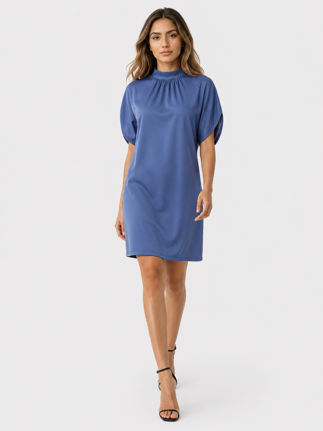 Kurzes Abendkleid mit Fledermausärmeln und gerafftem Kragen Damen