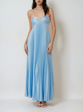 Robe longue plissée fluide bleu marine en polyester pour femme