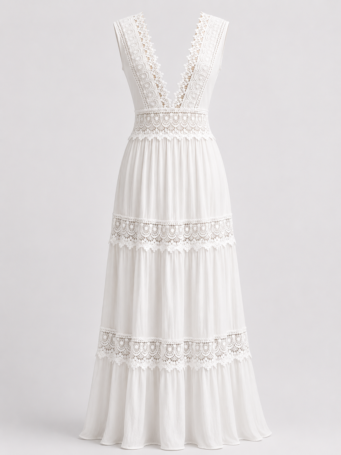 Robe Longue Femme Sans Manches avec Dentelle et Col V