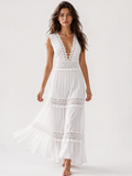 Robe Longue Femme Sans Manches avec Dentelle et Col V