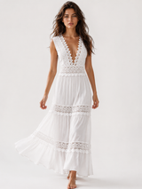 Robe Longue Femme Sans Manches avec Dentelle et Col V