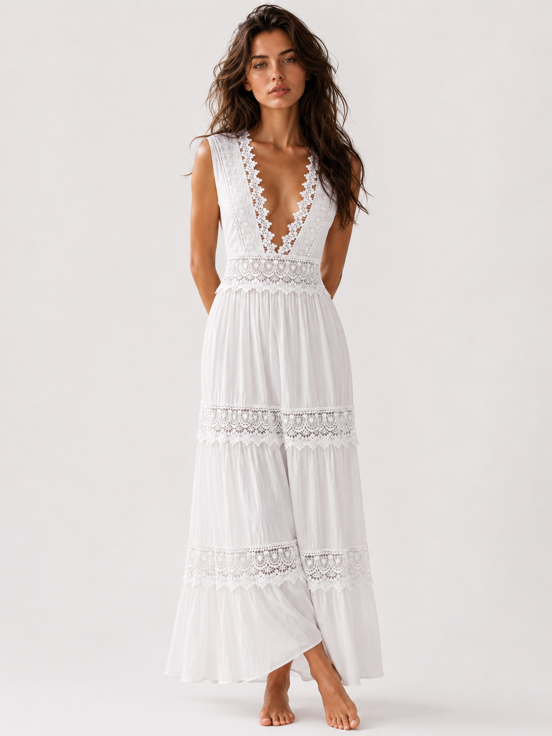 Robe Longue Femme Sans Manches avec Dentelle et Col V