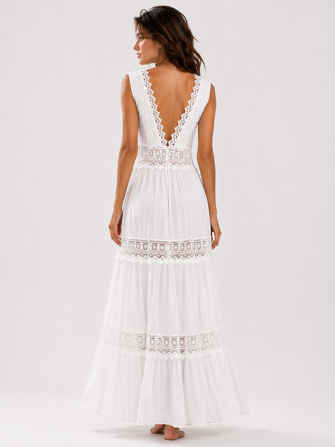 Robe Longue Femme Sans Manches avec Dentelle et Col V