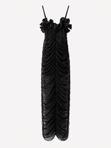 Robe Longue Femme à Bretelles Fines avec Fleurs 3D et Effet Froncé