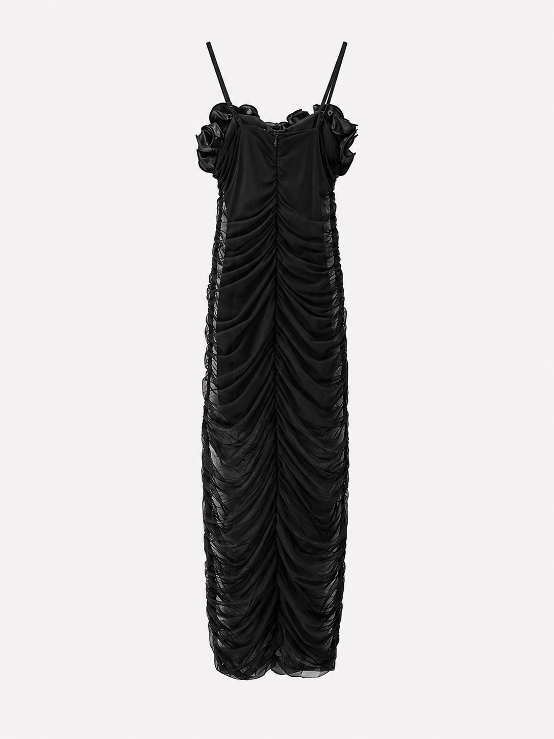 Robe Longue Femme à Bretelles Fines avec Fleurs 3D et Effet Froncé