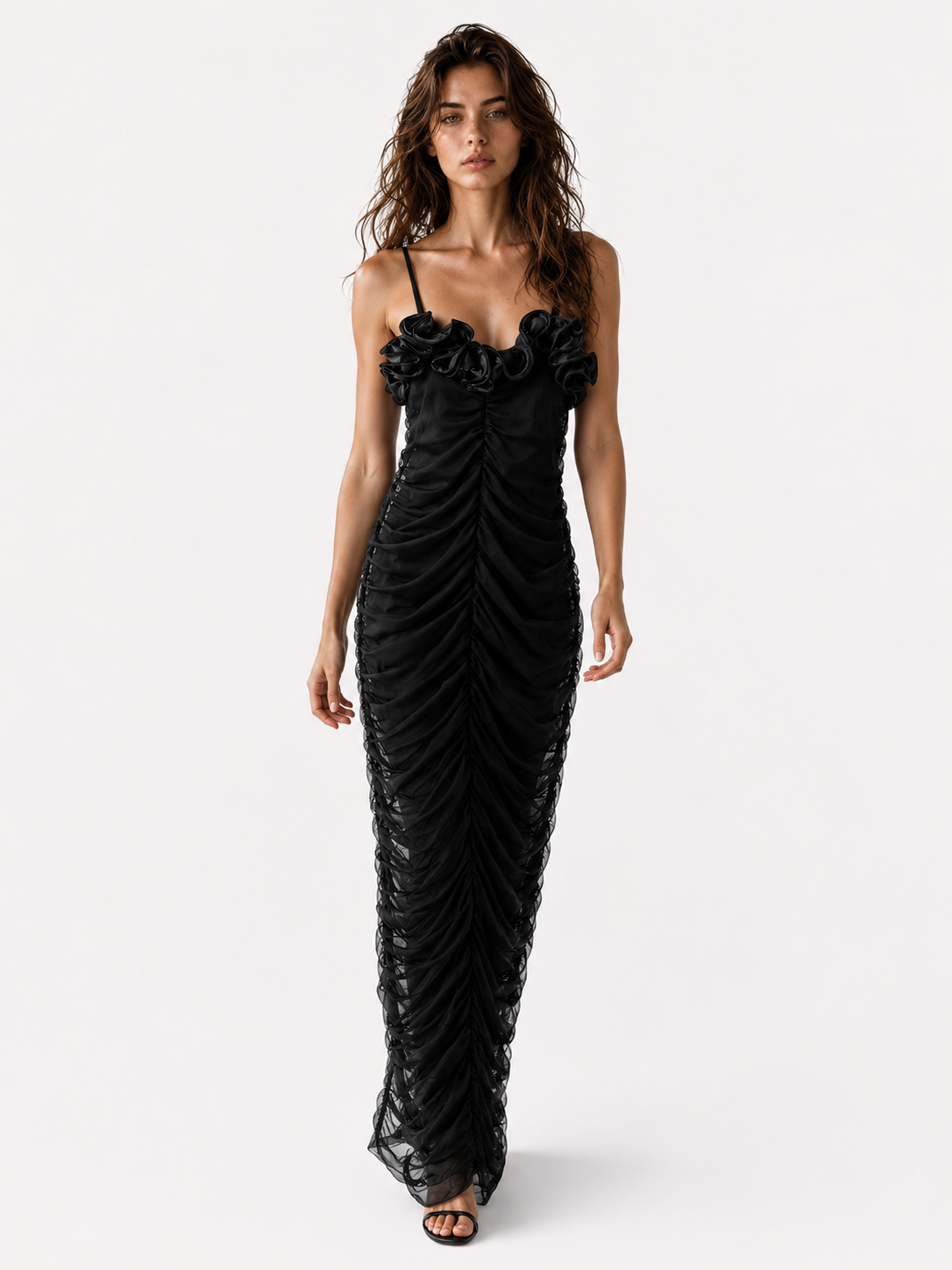 Robe Longue Femme à Bretelles Fines avec Fleurs 3D et Effet Froncé