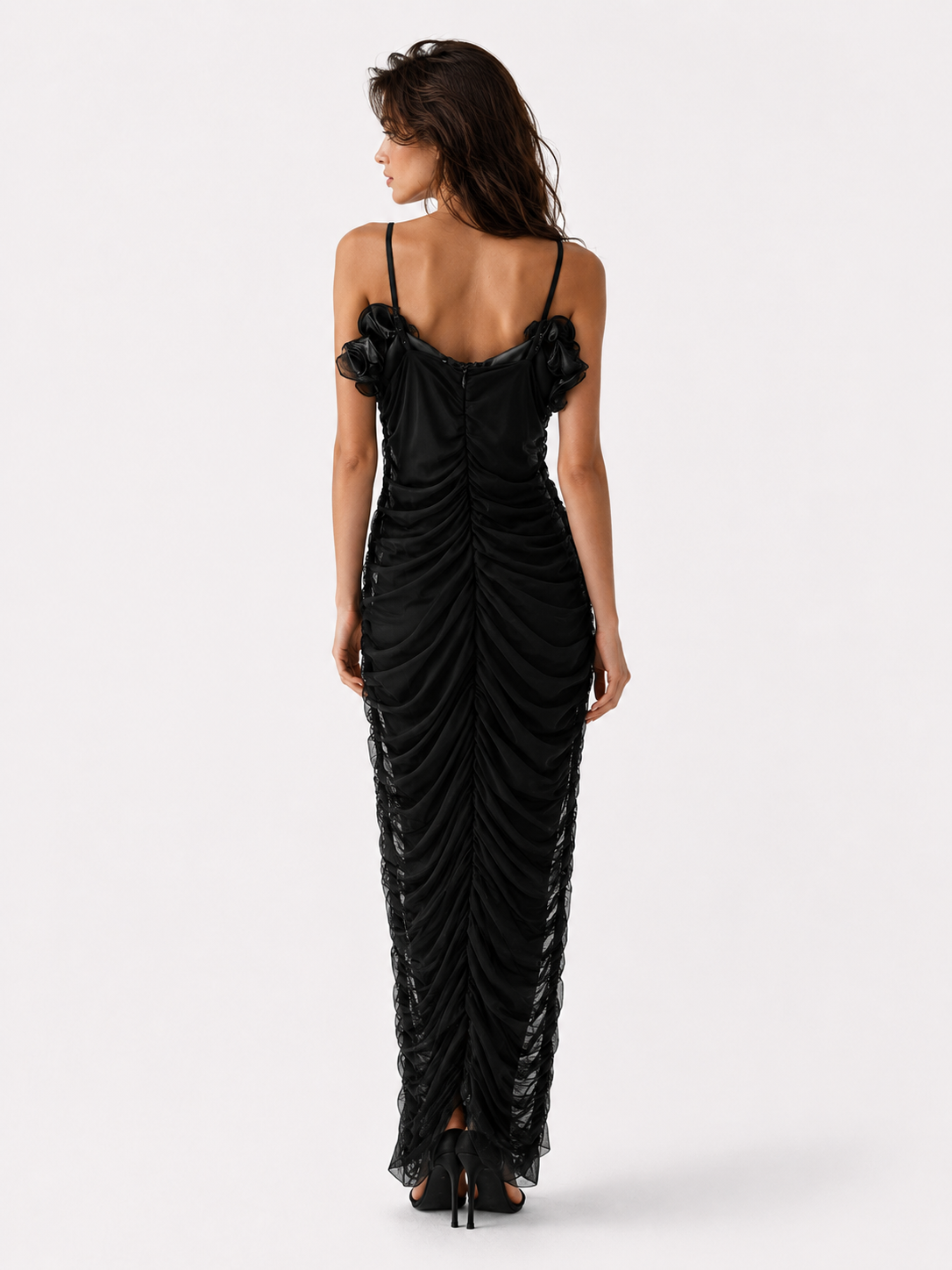 Robe Longue Femme à Bretelles Fines avec Fleurs 3D et Effet Froncé