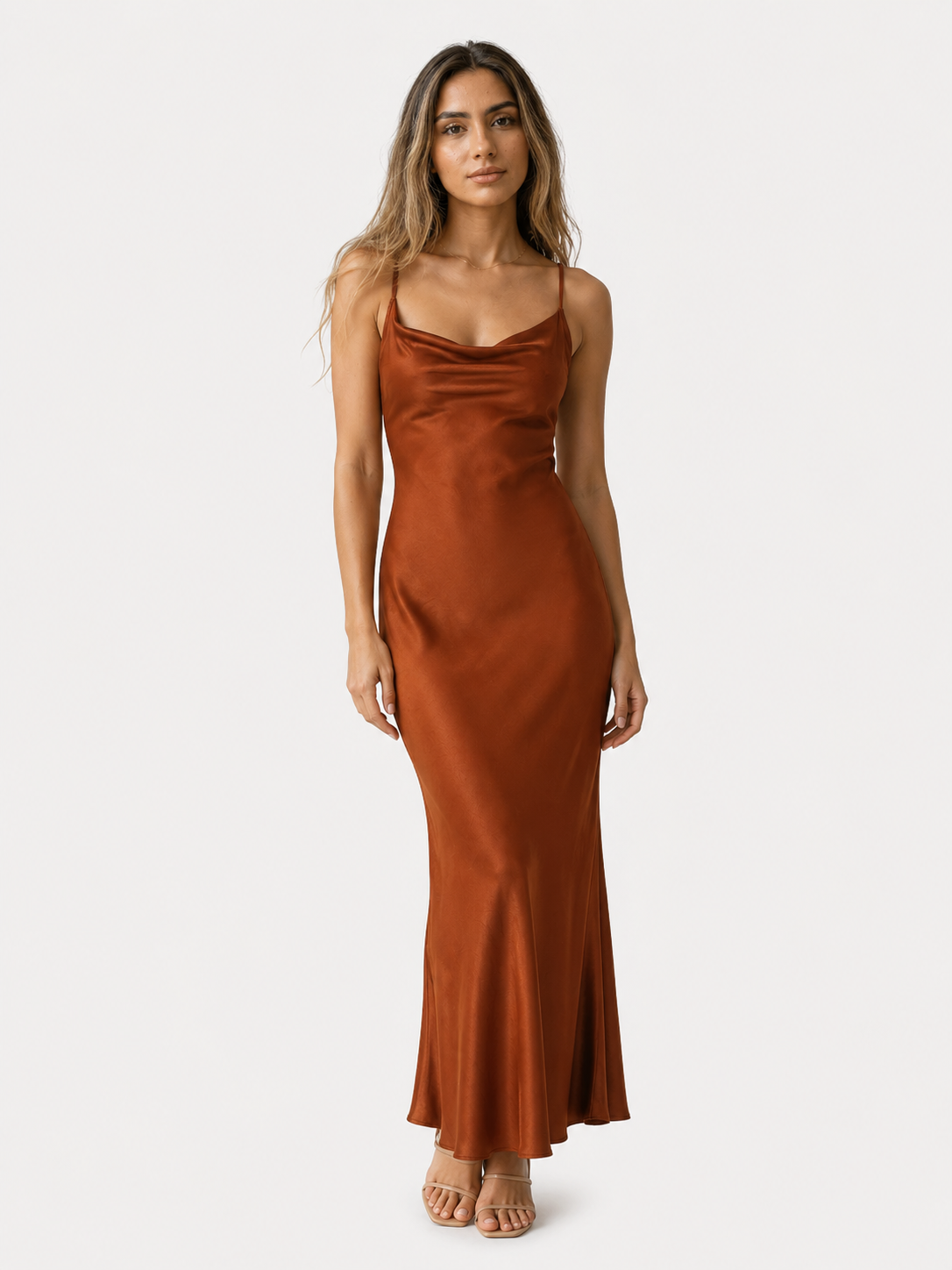 Langes Damen Kleid Satinierter Wasserfallausschnitt Ärmellos