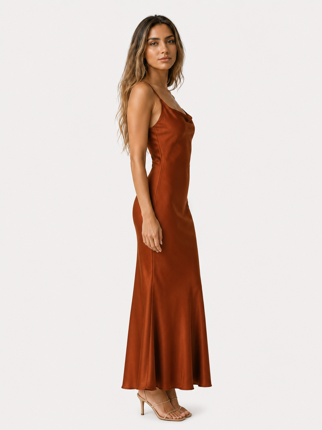 Langes Damen Kleid Satinierter Wasserfallausschnitt Ärmellos