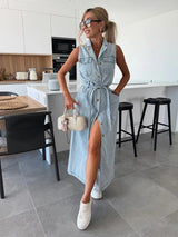 Rochie lungă din denim pentru femei, fără mâneci, design șic
