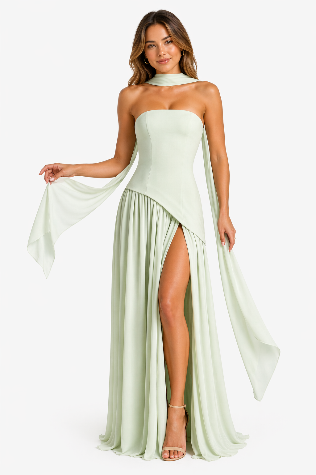 Robe Longue Fendue Femme avec Dos Lacé et Écharpe Assortie