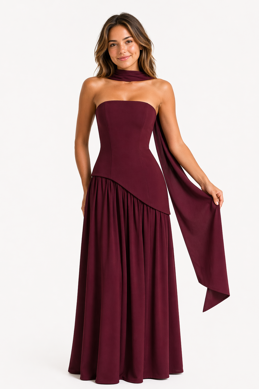 Robe Longue Fendue Femme avec Dos Lacé et Écharpe Assortie