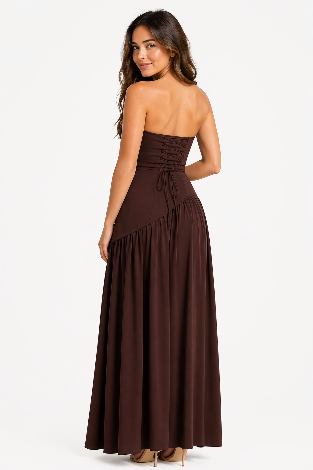 Robe Longue Fendue Femme avec Dos Lacé et Écharpe Assortie