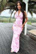 Maxikleid Damen Sommer Blumenmuster Rosa V-Ausschnitt