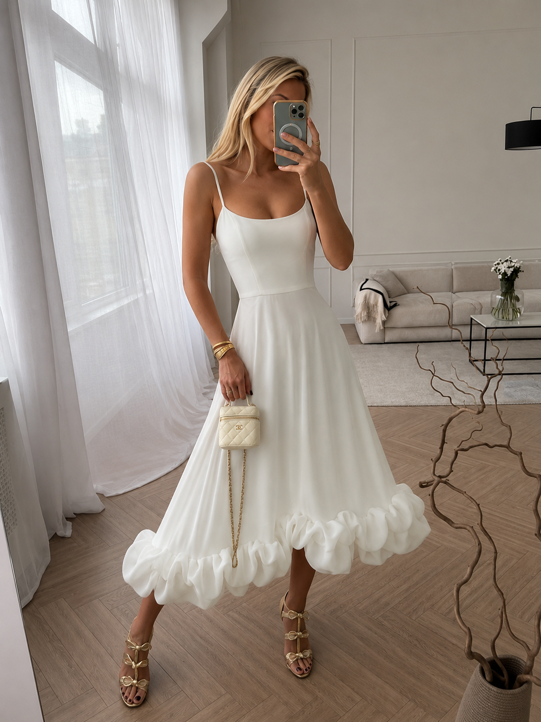 Rochie midi elegantă cu volane și bretele subțiri pentru femei