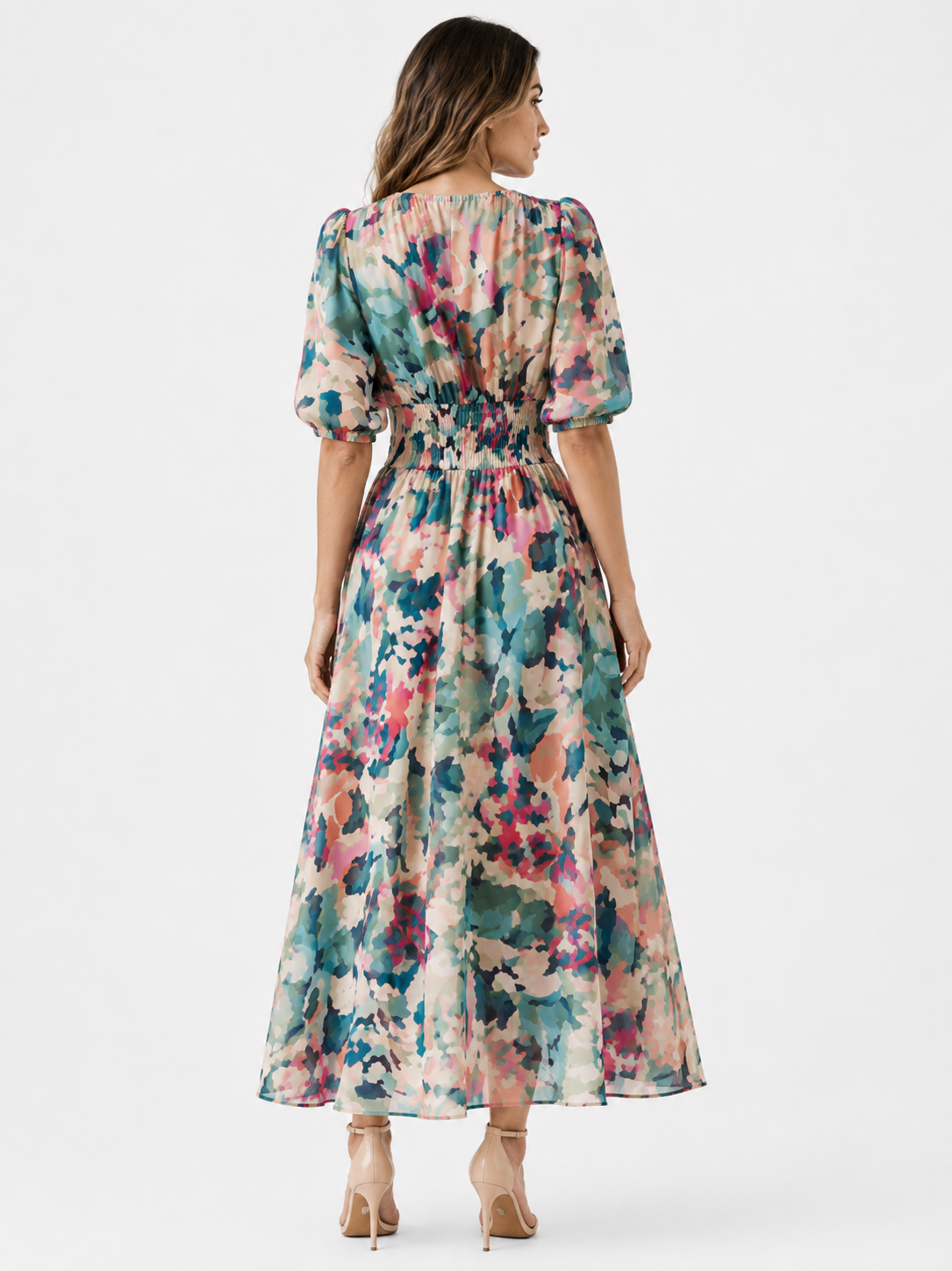 Vestido midi para mujer de poliéster con cuello en V y estampado floral