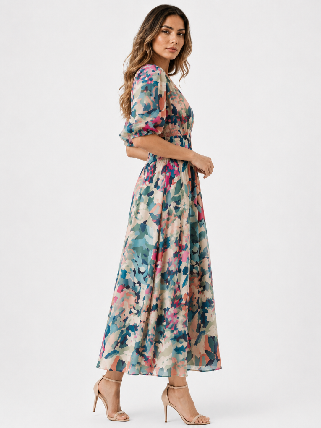 Midi-Kleid für Damen aus Polyester mit V-Ausschnitt und Blumenmuster