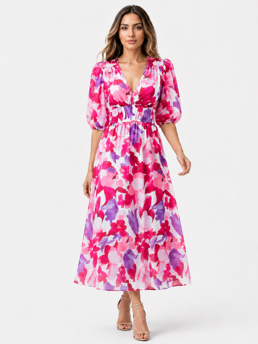 Midi-Kleid für Damen aus Polyester mit V-Ausschnitt und Blumenmuster
