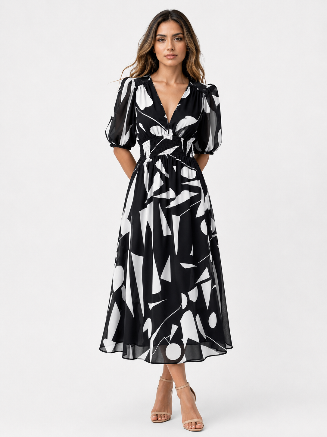 Midi-Kleid für Damen aus Polyester mit V-Ausschnitt und Blumenmuster