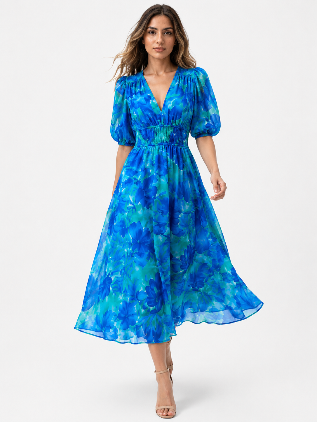 Midi-Kleid für Damen aus Polyester mit V-Ausschnitt und Blumenmuster