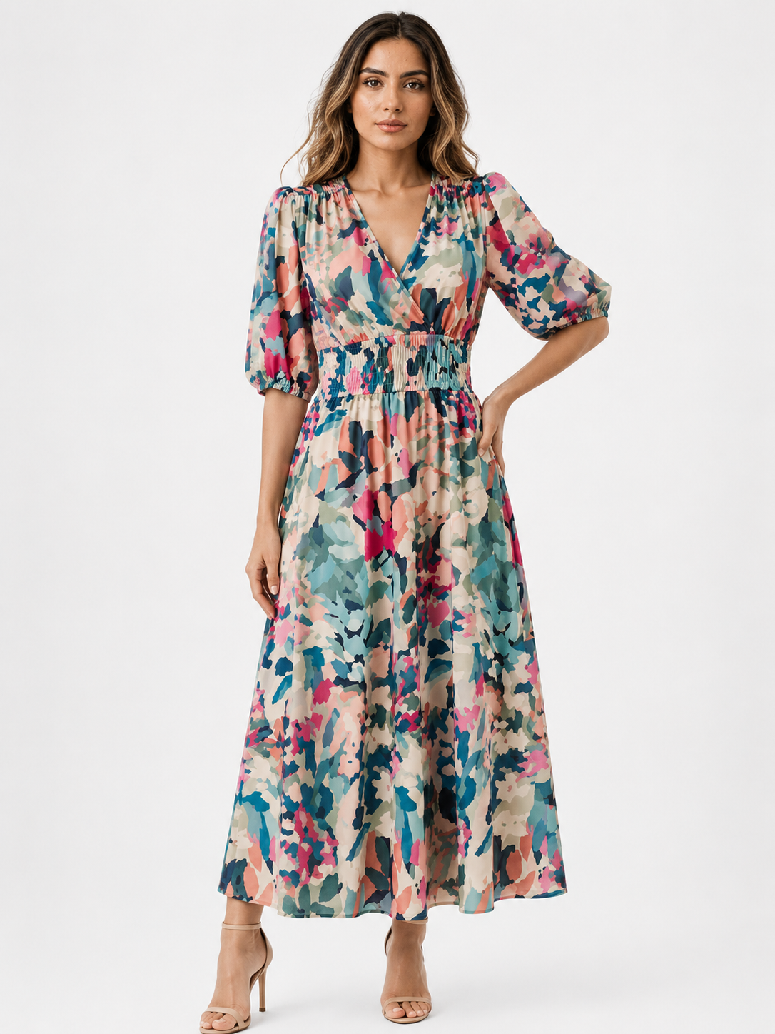 Midi-Kleid für Damen aus Polyester mit V-Ausschnitt und Blumenmuster