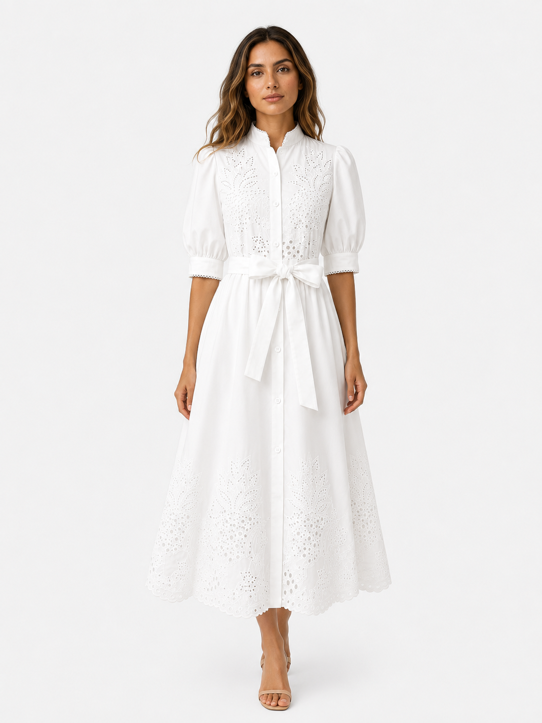 Midi-Kleid für Damen aus Polyester mit Stickerei, Knöpfen und Gürtel