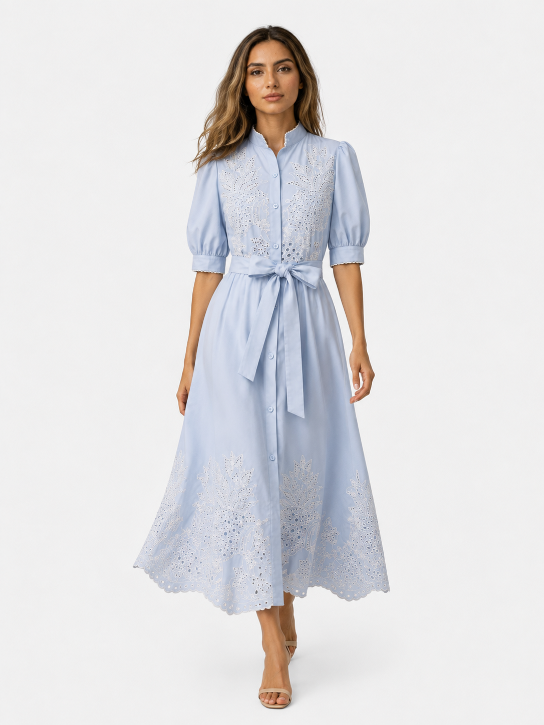 Midi-Kleid für Damen aus Polyester mit Stickerei, Knöpfen und Gürtel