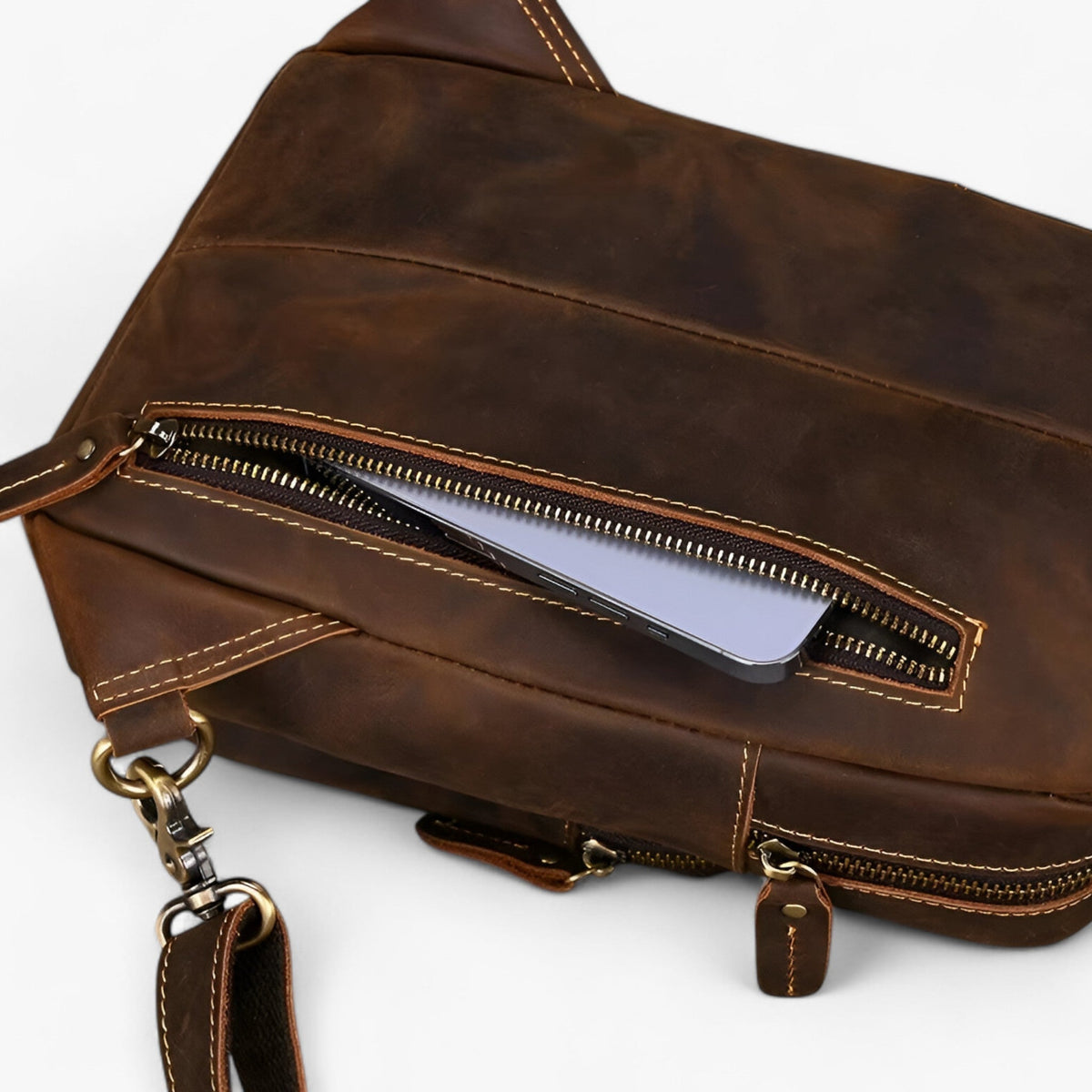 Sac Satchel Homme Porte-Tablette en Cuir Véritable