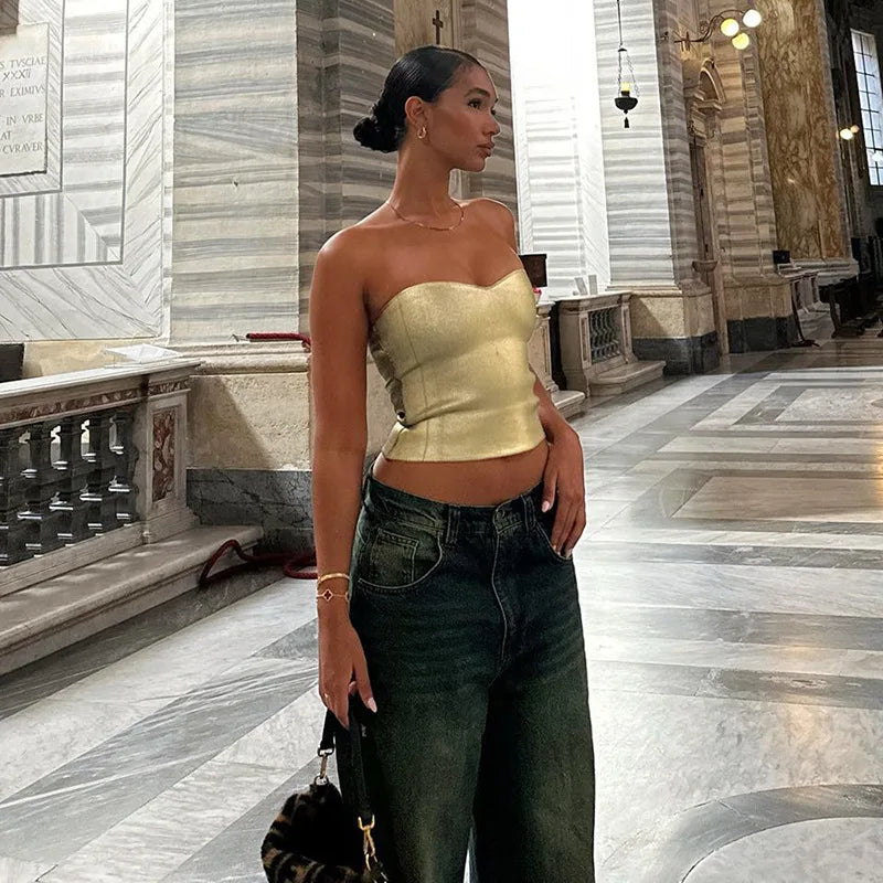 top blouses : Bustier Crop Top Doré Vintage Sans Bretelles in van Seroa