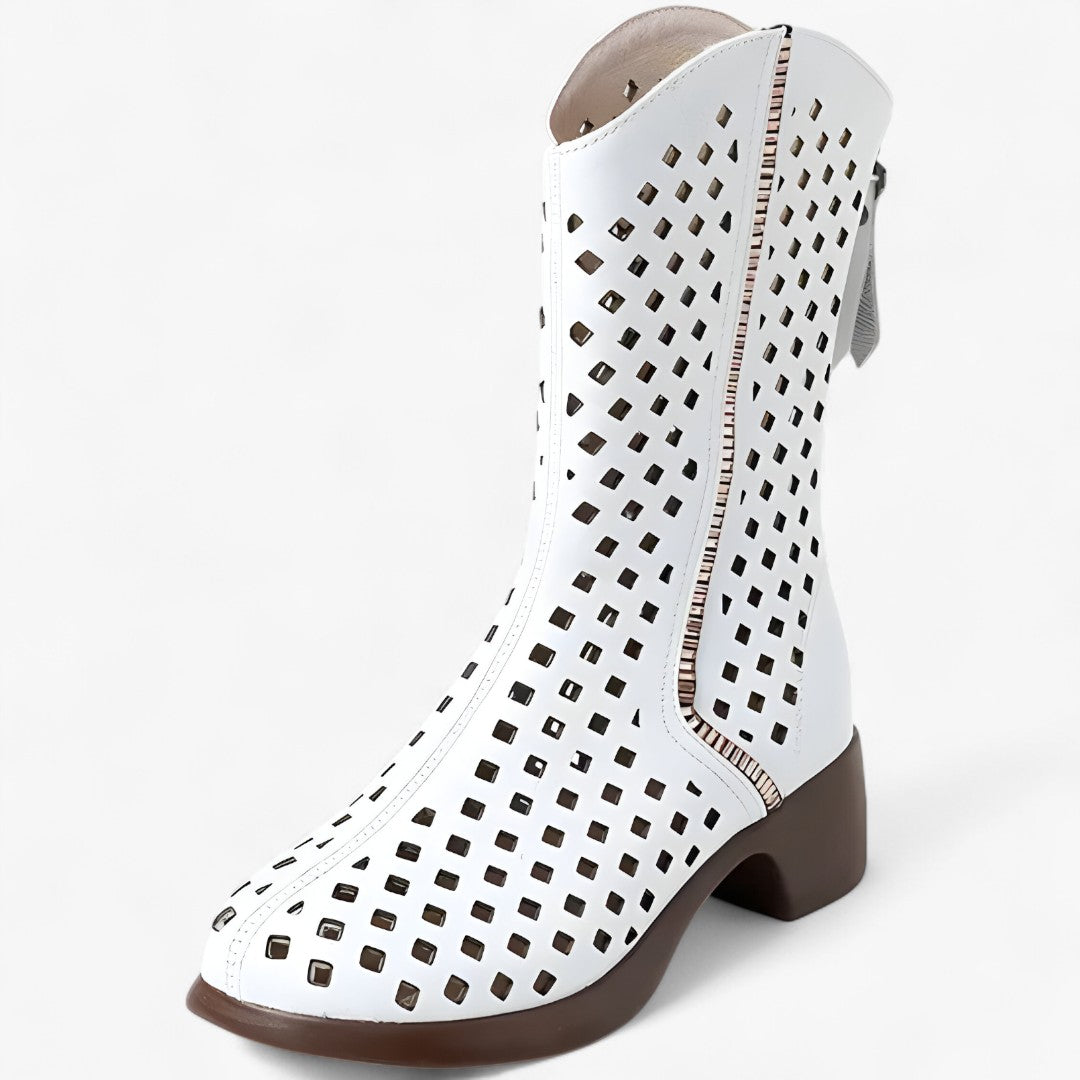 Atmungsaktive, halbhohe Damenstiefel aus echtem Leder mit Perforation