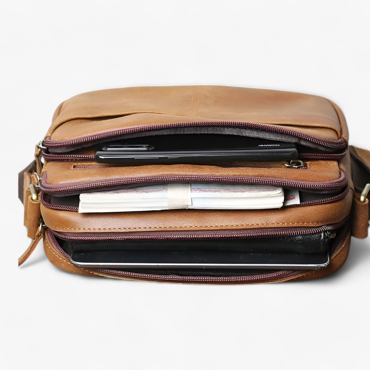 Sac Bandoulière Homme Premium en Cuir Mat Marron